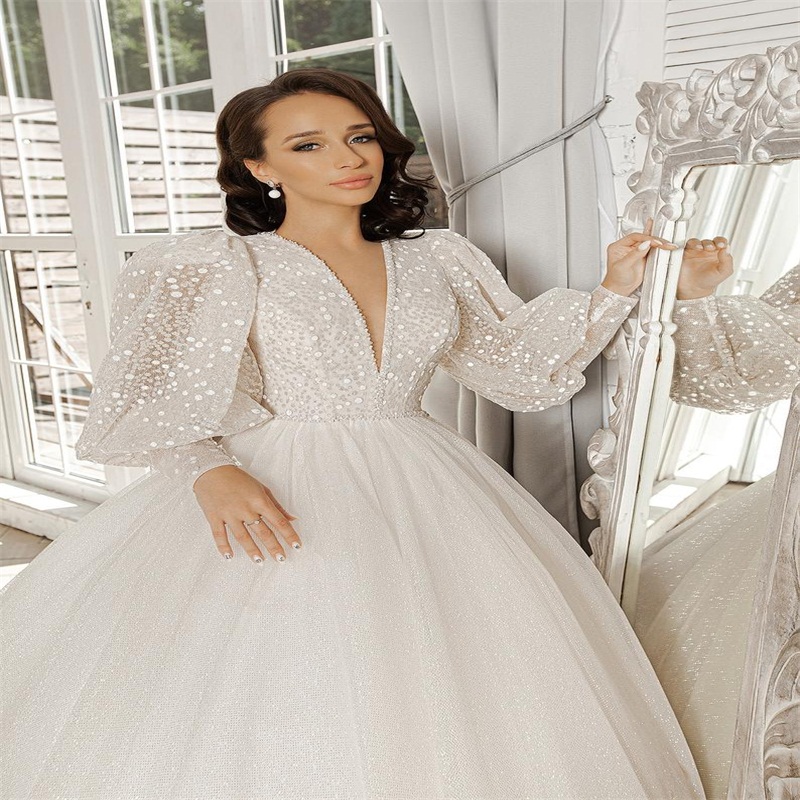 Bling Sequins A Line Wedding Dresses Deep V Neck Long Sleeves Appliqued Lace Bridal Gowns Custom Made Boho Plus Size Vestidos De Novia