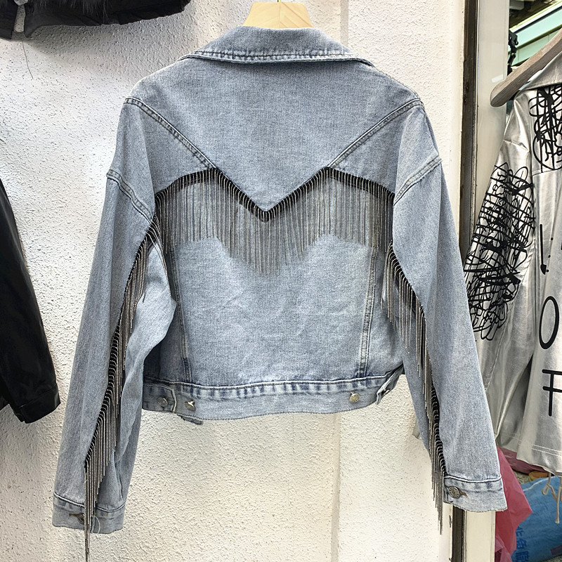Spring Blue Harajuku Denim Short Jacket Women Fall Chains Fringe Loose High-Waist Jean Clothes Woman Black Students Coat 201106