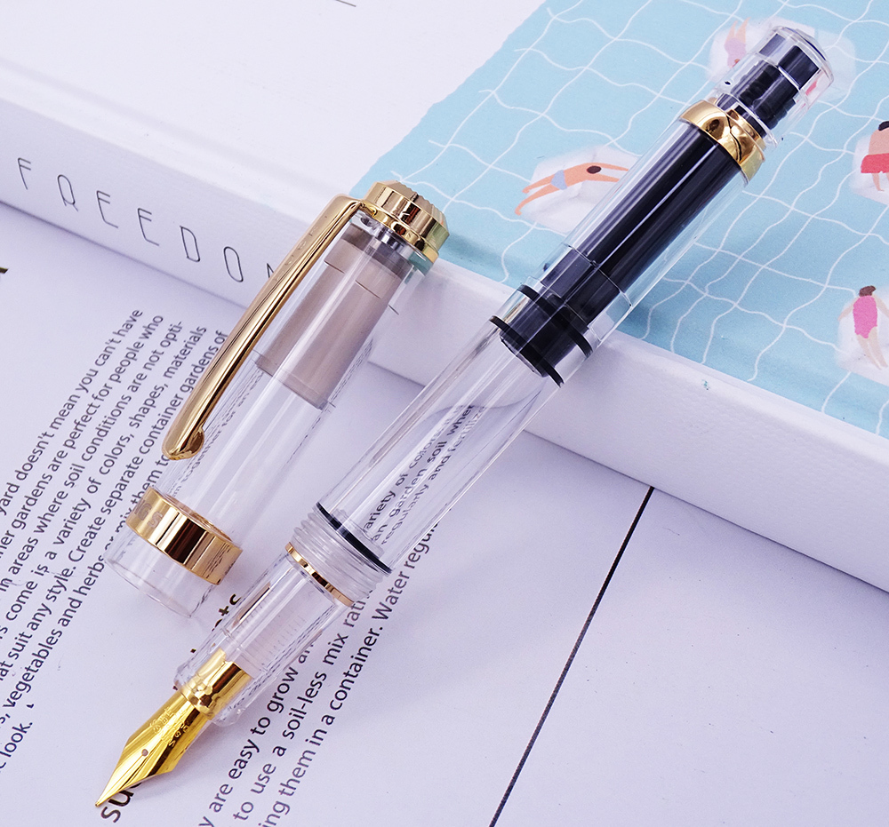 Fountain Pens Wholesale New Wingsung 698 Transparent Piston Wing Sung Ink WritePen Iridium 0.38/0.5mm Gold Silver Clip With Gift Box Office Pen