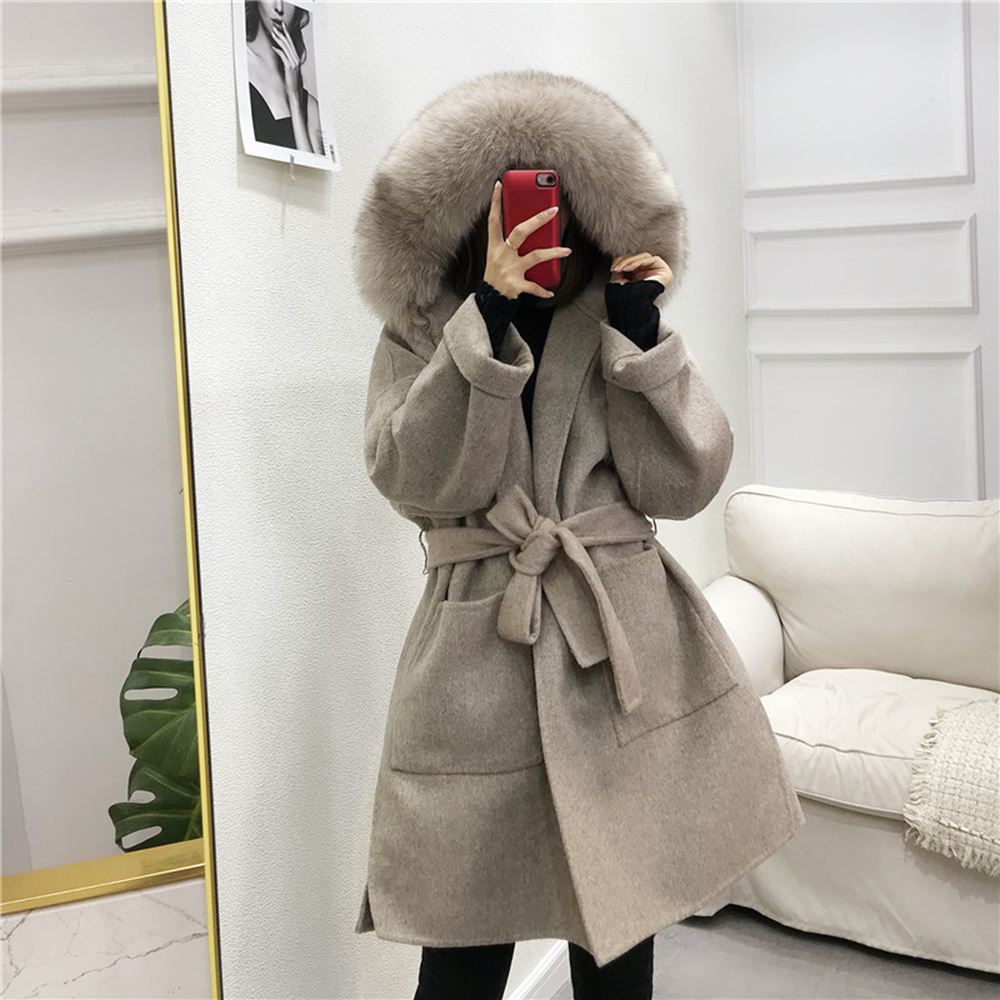 JAZZEVAR winter jacket Casual Women Real Fox Fur coat Cashmere double faced Wool Outerwear Ladies oversized hooded coats 201216