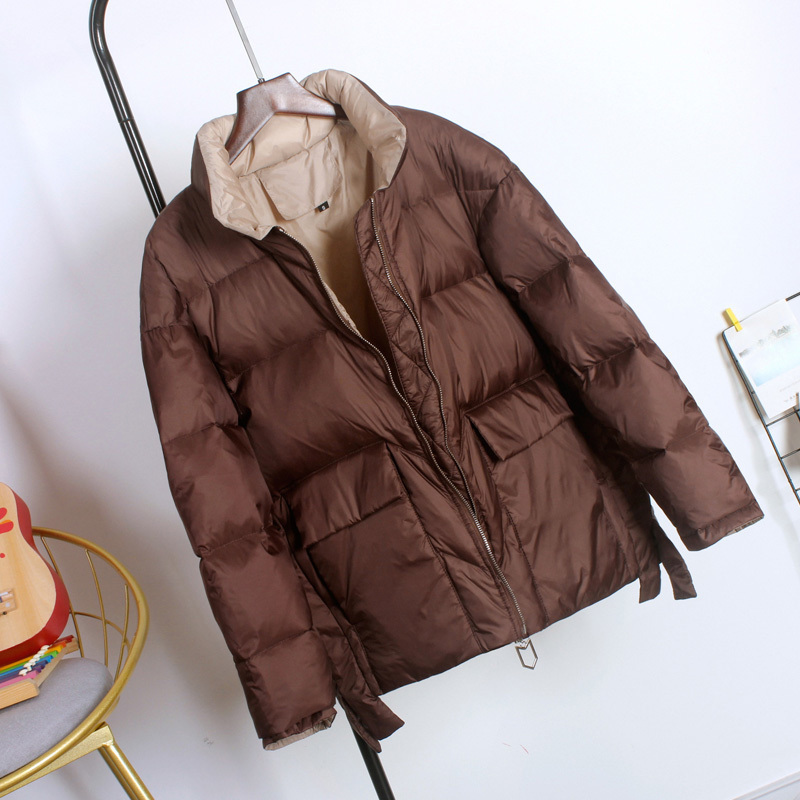 New Winter Short White Duck Down Jacket Stand Collar Female Soft Casual Warm Contrast stitching Coat Windproof Good Qaunlity 201019