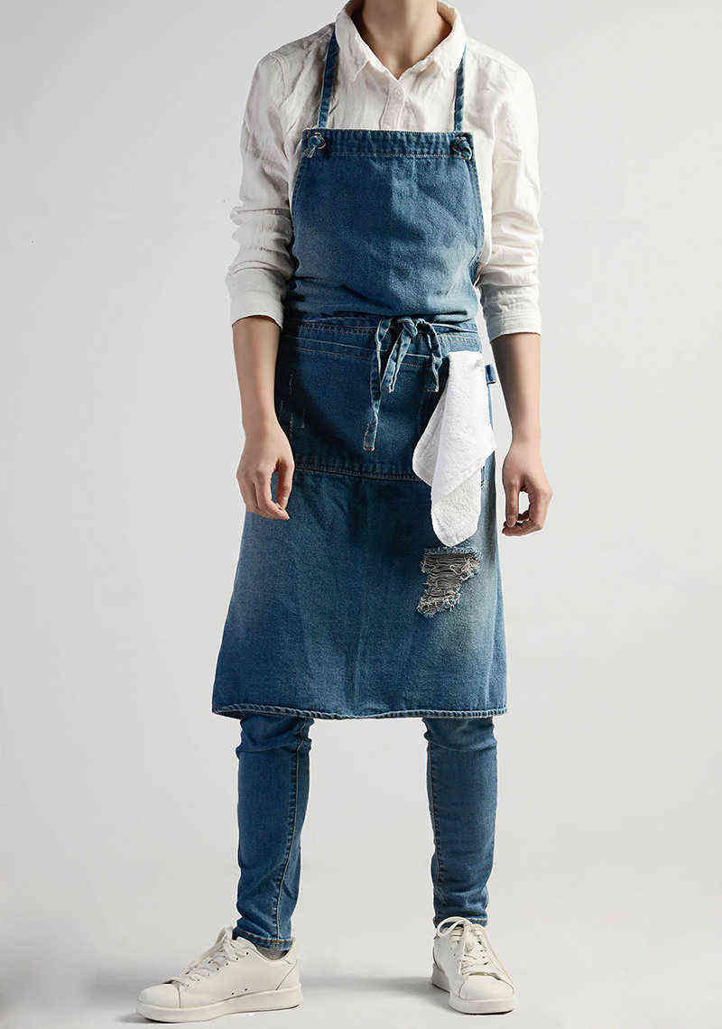 Unisex Vintage Blue Kitchen Denim Aprons for Women Men Restaurant Homewear Workwear Apron Cooking Chef Barista Bartender 211222