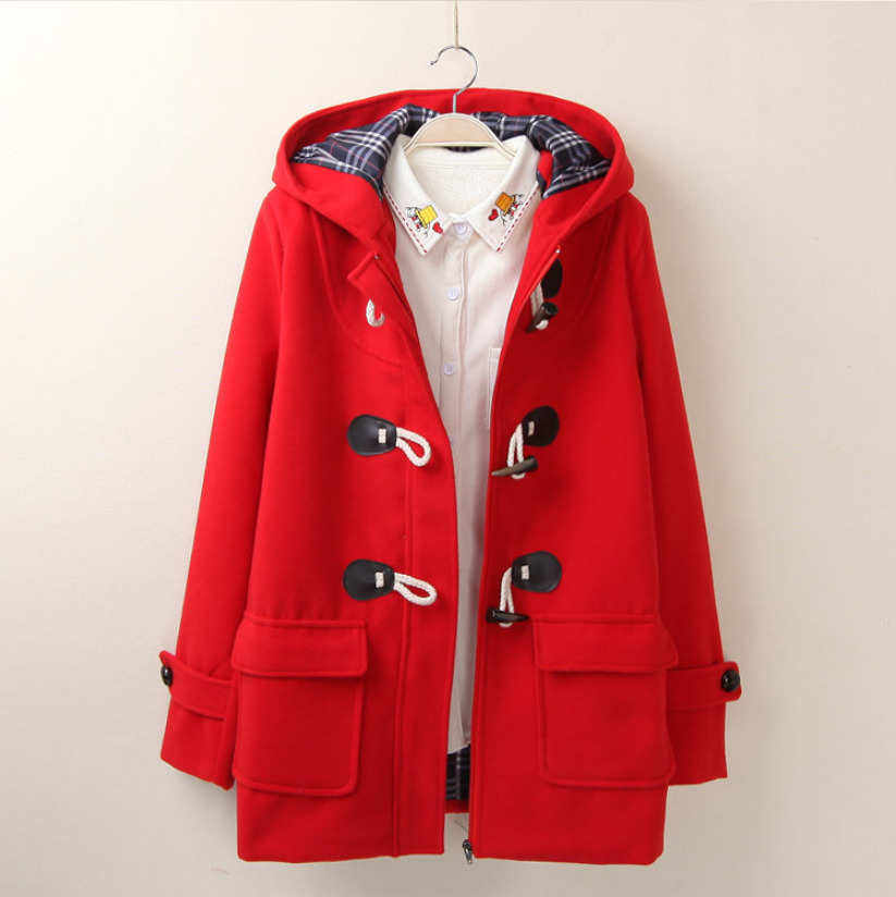 Duffle Coat Long Turn Down Horn Button Hooded Collar Woolen Overcoat Wide Waisted manteau femme Out Wear winter coats A248 201216
