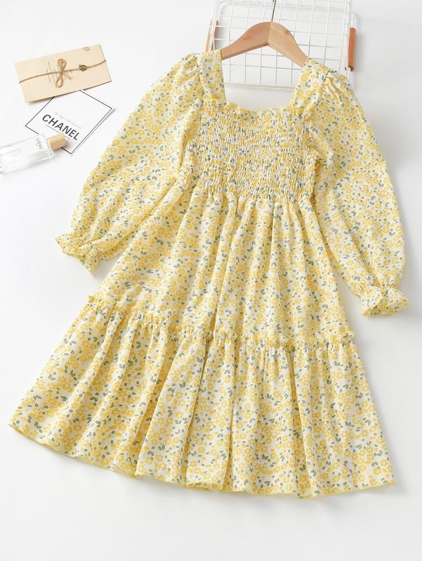 Girls Allover Floral Print Shirred Flounce Sleeve Ruffle Hem Dress SHE