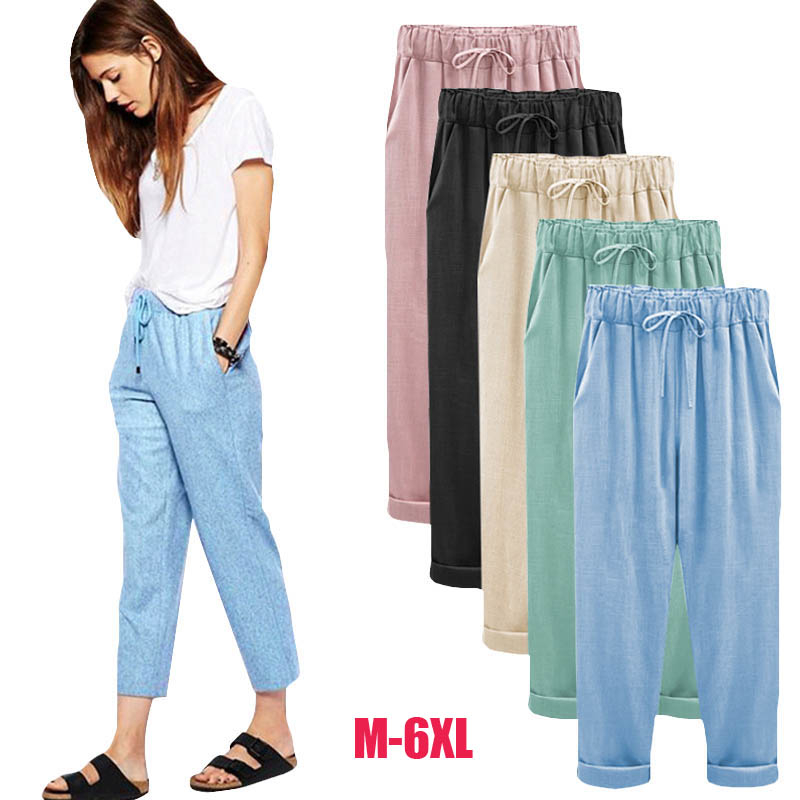 2019 Linen Pant Casual Womens Cotton Linen Elastic Waist Trousers Summer Wide Leg Pants for Women Large Plus Size Harem Pants T200319