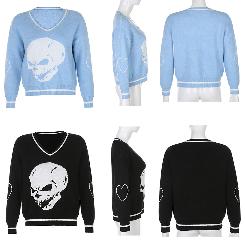 YICIYA Autumn Y2K Sweaters Skulls Pullovers V Neck Knitwear Loose Casual Knitted Tops Women Streetwear E-Girl Tops Blue 201222