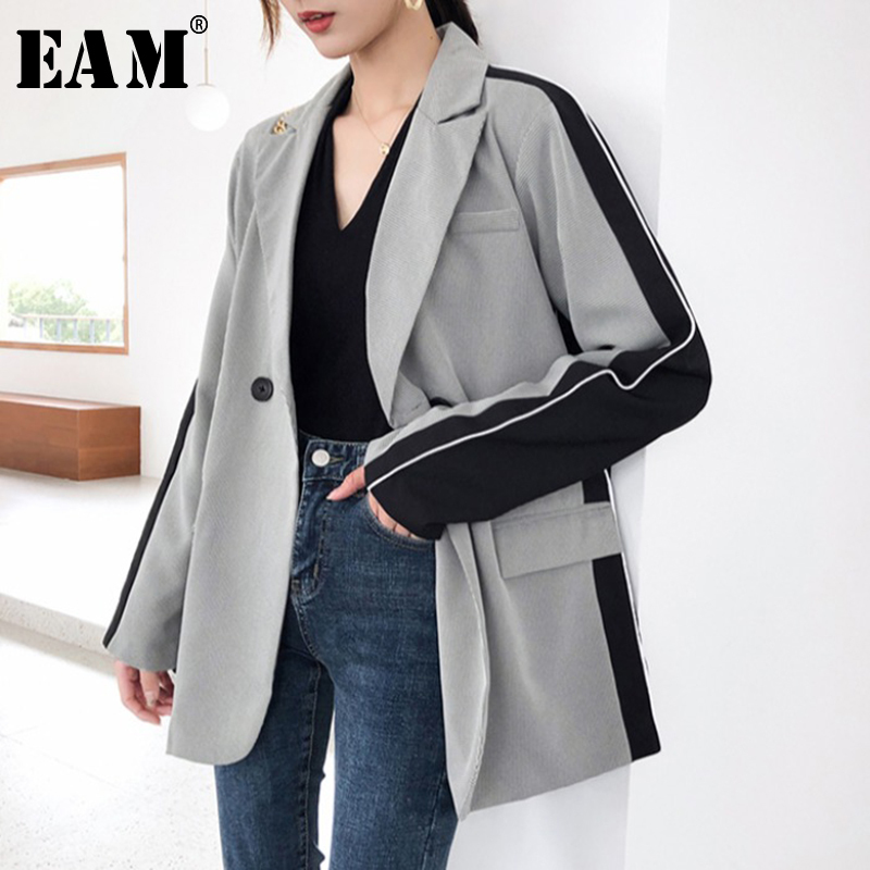 EAM Women Gray Brief Contrast Color Blazer Lapel Long Sleeve Loose Fit Jacket Fashion Spring Autumn 1Y535 201114