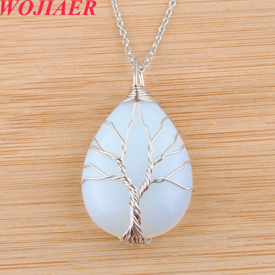 WOJIAER Mix Crystal Natural Stone Tree of Life Necklace Opal Green Howlite Onyx Water Drop Bead Twining Pendant 6PCS DBO912