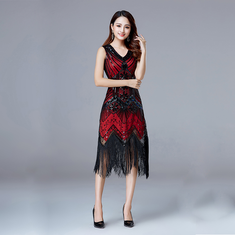1920s Vintage Flapper Great Gatsby Party Dress VNeck Sleeveless Sequin Beaded style Style Tassel Flapper Vestidos Feminina 1920 T200107