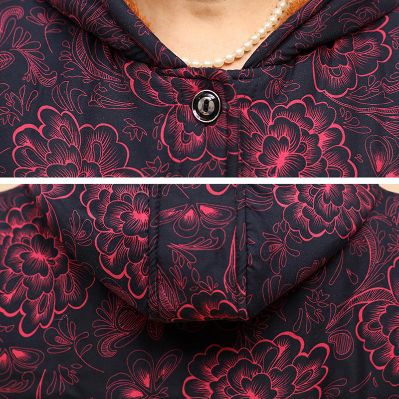 Casual Prints Long Sleeve Hooded Jackets For Elderly Women Winter Warm Cotton Padded Coats Plue Size Ladies Outerwear Parkas 201017