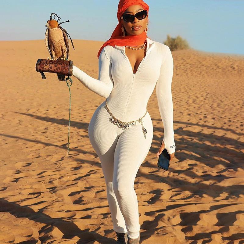 Streetwear White Knitted Sexy Bodycon Lucky Label Jumpsuit Women Overall 2020 Long Sleeve Skinny Rompers Womens Jumpsuit Female1