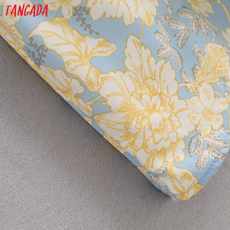 Tangada fashion women yellow floral midi dress short sleeve buttons ladies elegant v neck vintage dress 3H394 T200613