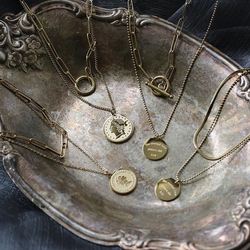 Tarnish Free 316 Stainless Steel 14k Gold Plating Double Layers Paper Clip Chain Retro Portrait Coin Necklaces For Women
Tarnish Free 316 Stainless Steel 14k Gold Plating Double Layers Paper Clip Chain Retro Portrait Coin Necklaces For Women
