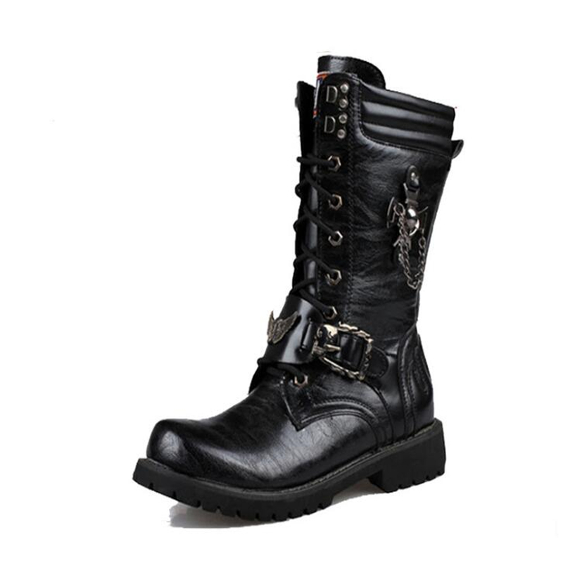 Fashion Motorcycle Cool Skull Combat Army Punk Goth Biker Boots Leather Men Shoes High Top Casual Boot 201127