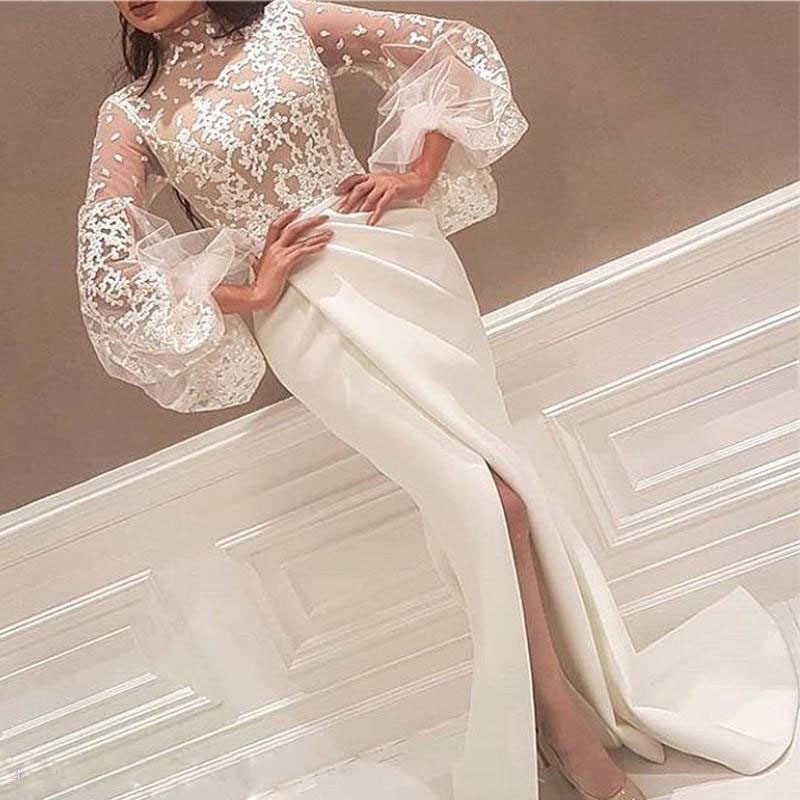 ELegant Arabic White Mermaid Formal Evening Dresses Top Nude ing Illusion Long Sleeves Appliques High Neck Split Side Prom Party Wear