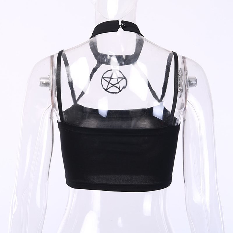 Summer Gothic Street Chic Sexy Club Punk Black Tank Tops Women Slim Halter Hollow Backless Goth Female Fashion Crop Tops T200729