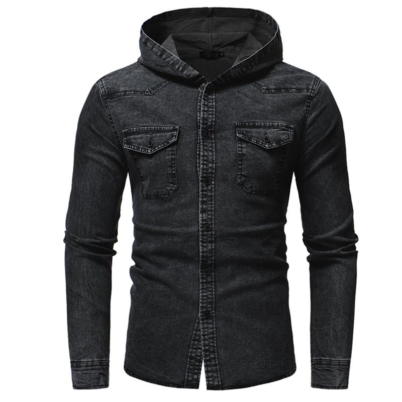 Men's Casual Shirts Spring Wash Denim Shirt Men Long Sleeve Fashion Hooded Jeans Slim Fit