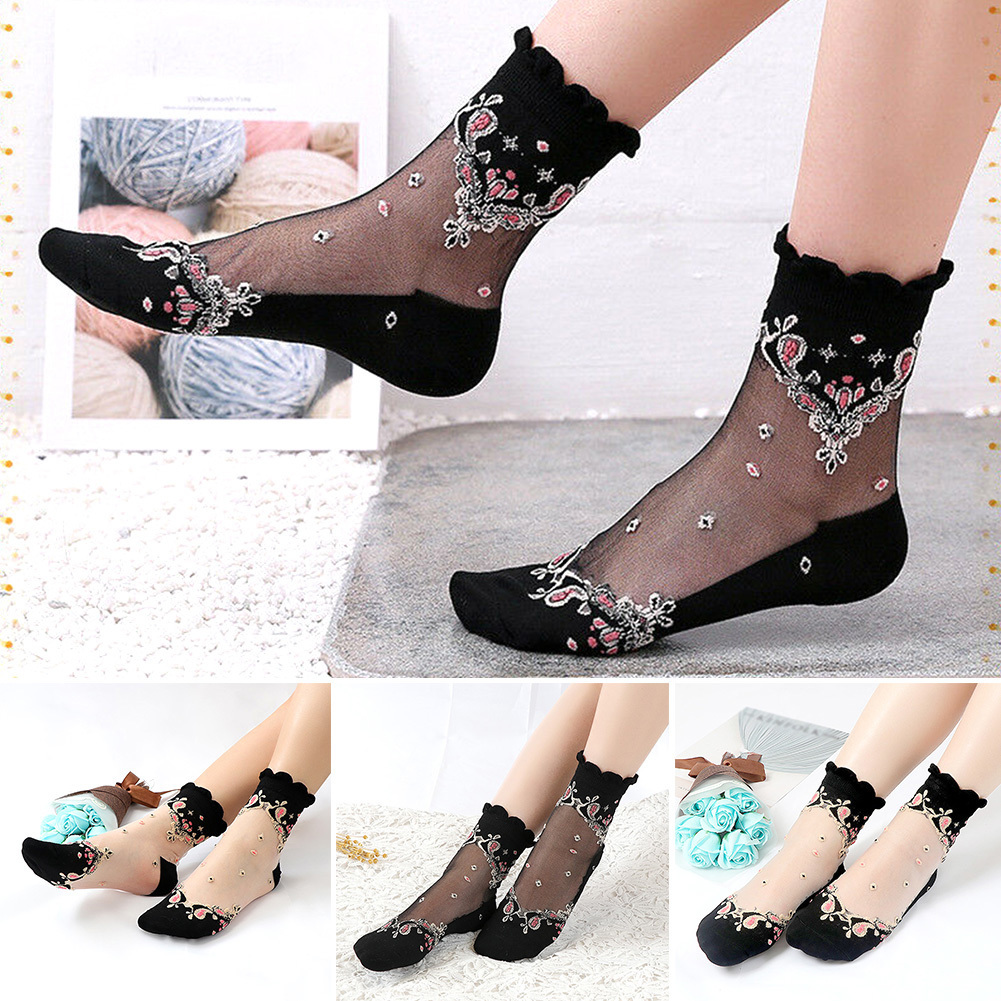 1 Pair Mesh Flowers Summer Super Thin Retro Comfortable Women Socks Anti Skid Fashion Soft Cotton Lace Elastic Sexy Shorts T200916
