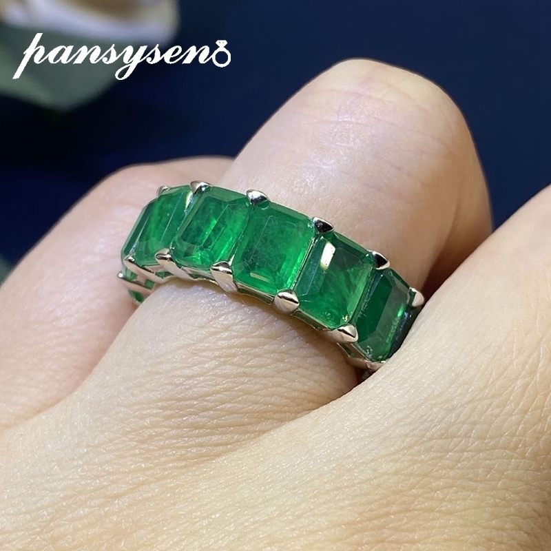 PANSYSEN Vintage Solid 925 Sterling Silver 5x7MM Emerald Gemstone Rings for Women Men High Quality Anniversary Ring Wholesale 220211