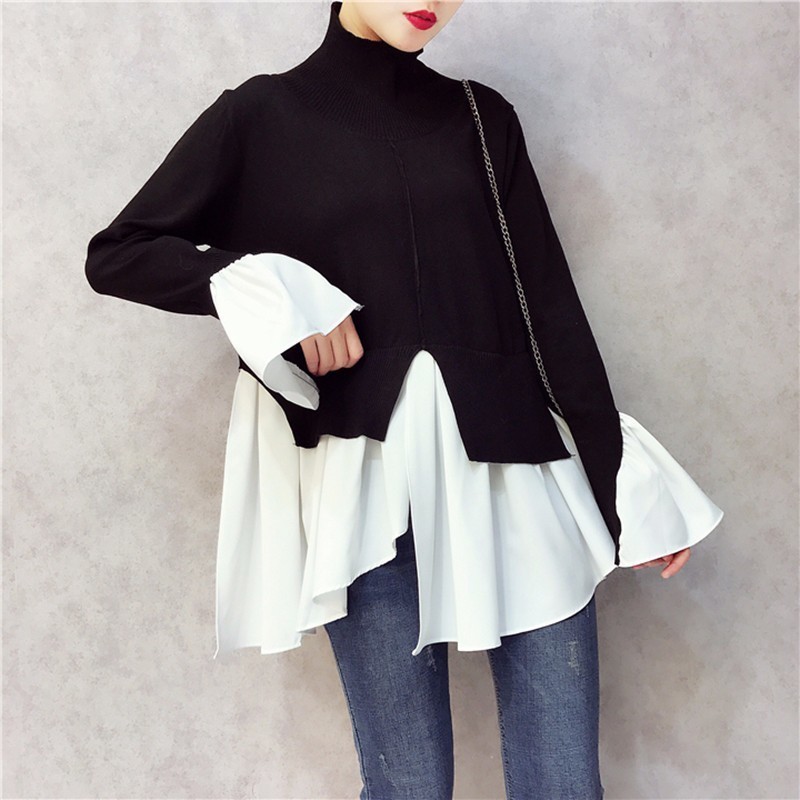 CHICEVER Spring Patchwork Pullovers Knitted Sweater For Women Turtleneck Flare Sleeve Irregular Female Jumper Sweaters Tide 201221