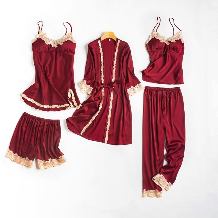 5PCS Pajamas Set Navy Blue Women Rayon Robe Gown Nightwear Lace Home Clothing Softy Sleepwear Strap Lntimate Lingerie Sleep Suit 210203