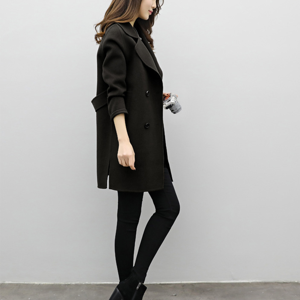 Women Coat Autumn Winter Thickening Fashion Double Breasted Artificial Wool Warm Slim Fit Daily Long Sleeve Turndown Collar T200114