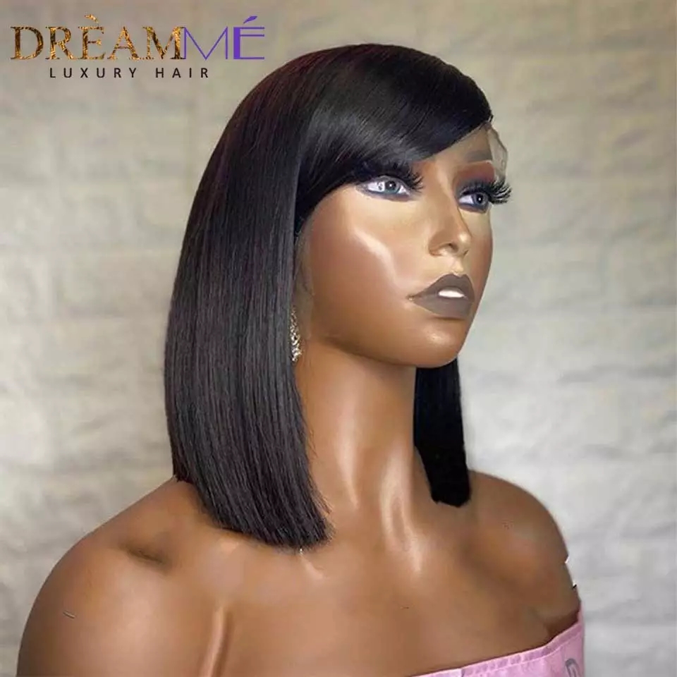 Free shipping 13X4 Lace frontal Short Straight Bob Human Hair With Bangs 150% Density Synthetic Wigs For Black Women