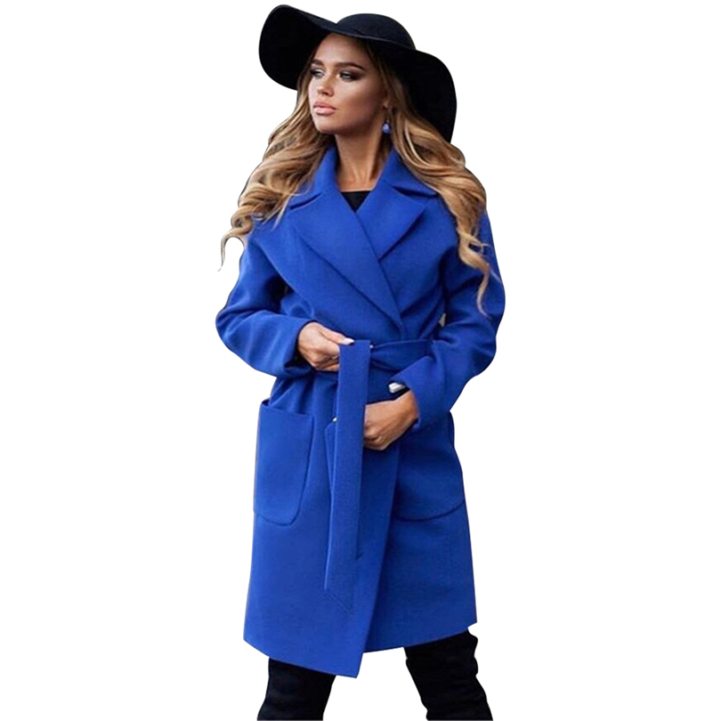 TAOVK Women's Jackets & Coats Mediumlong Belt Wool & Blends Coat Turndown Collar Solid Color Pockets Parka 201112