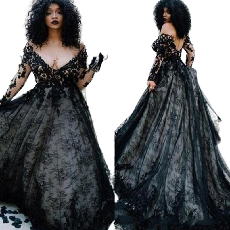 Plus size Gothic Country Black Wedding Dress Light Champagne Lining Sexy V Neck Long Sleeve Sweep Train Bridal Dresses Applique A Line Lace Wedding Go