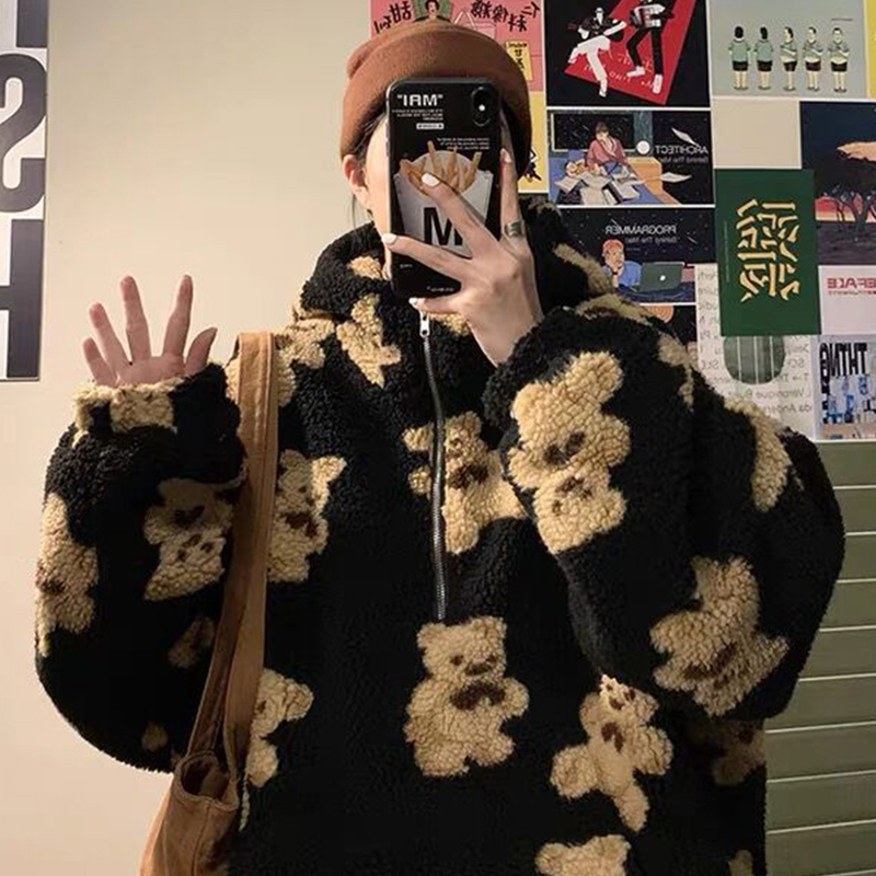 Hip Hop Autumn Winter Lambswool Jacket Men Streetwear Bear Print Zipper Cardigan Coats Harajuku Loose Hooded Couple Coat Outwear 201218