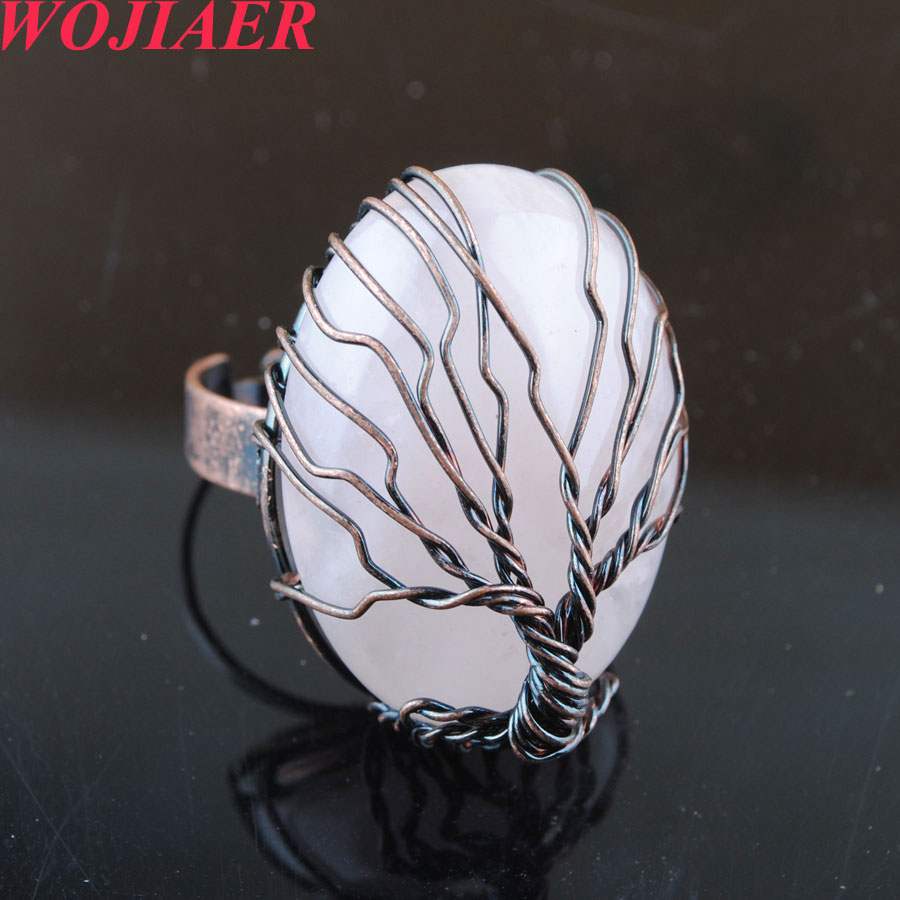 WOJIAER Antique Rings for Women Natural Stone Egg Shape Bead Vintage Wire Wrapped Tree of Life Adjustable Ring BO913