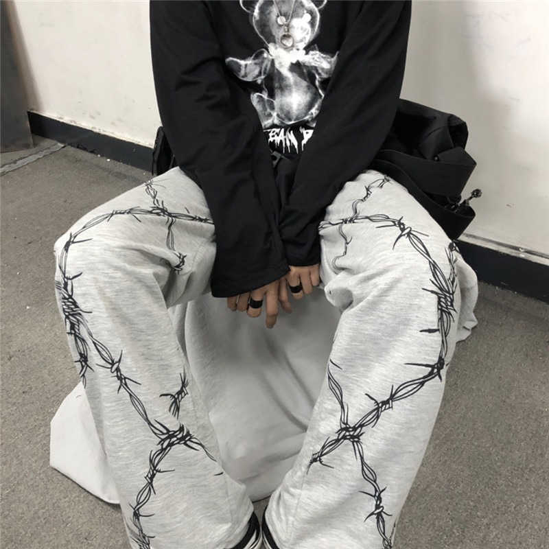 Harajuku Retro Pants Women Thorns Printed Elastic Waist Loose Wide Leg Pants Fashion Streetwear Grunge Dark Casual Pants Unisex 201109