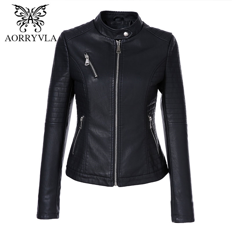 AORRYVLA Black Short Autumn Womens Leather Jacket Long Sleeve Mandarin Collar Moto Biker Zipper Slim Quilted PU Leather Jacket 201226