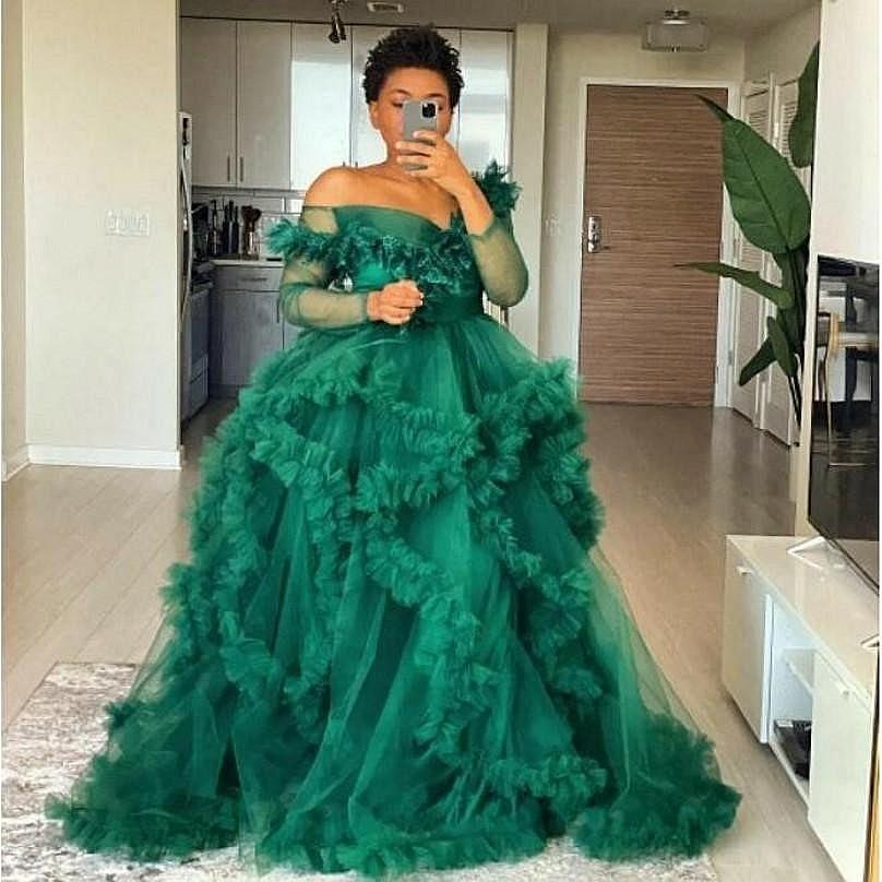 New Arrival Green Maternity Nightgowns Plus Size Ruffles Long Sleeve Photography Tulle Gowns Custom Made Bridal Sleepwear Bathrobe