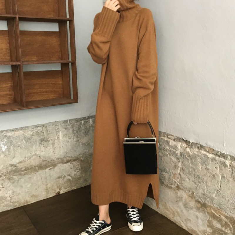 Women Autumn Winter thick Turtleneck long Sweater Dress ladies Long Sleeve straight split Knitted pullover dresses solid 201008