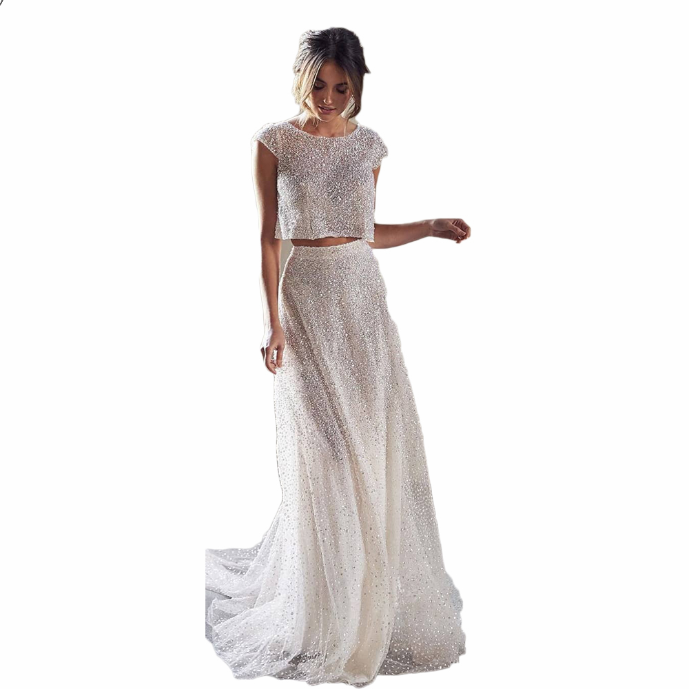 Crystal Sequins Evening Dresses Two Piece Sexy Back Sweep Train Prom Dress Formal Gowns Party Wear