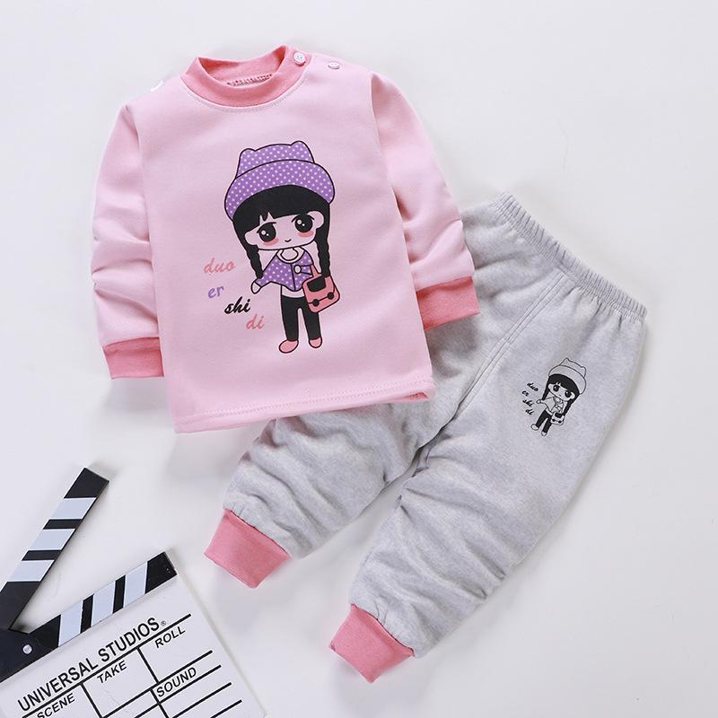 2020 Kids Thermal Underwear Suits Baby Boys Girls Cartoon Clothes Autumn Winter Plus Velvet Thickened Pajamas Children Pijamas LJ201216