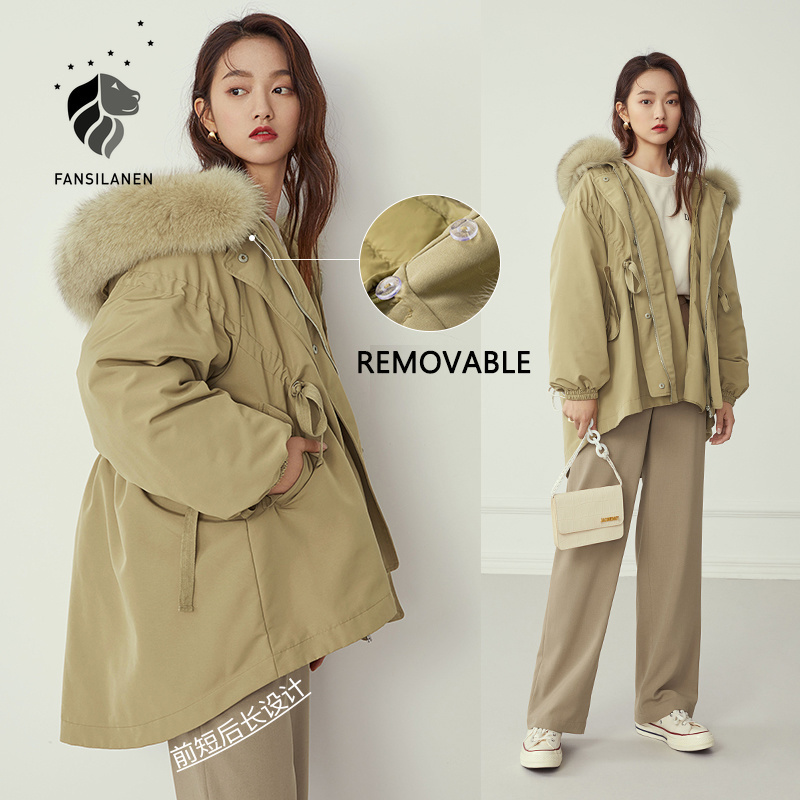 FANSILANEN Hooded casual oversized down jacket Women real fur collar wram winter coat Female pleated feather down parka overcoat 201019