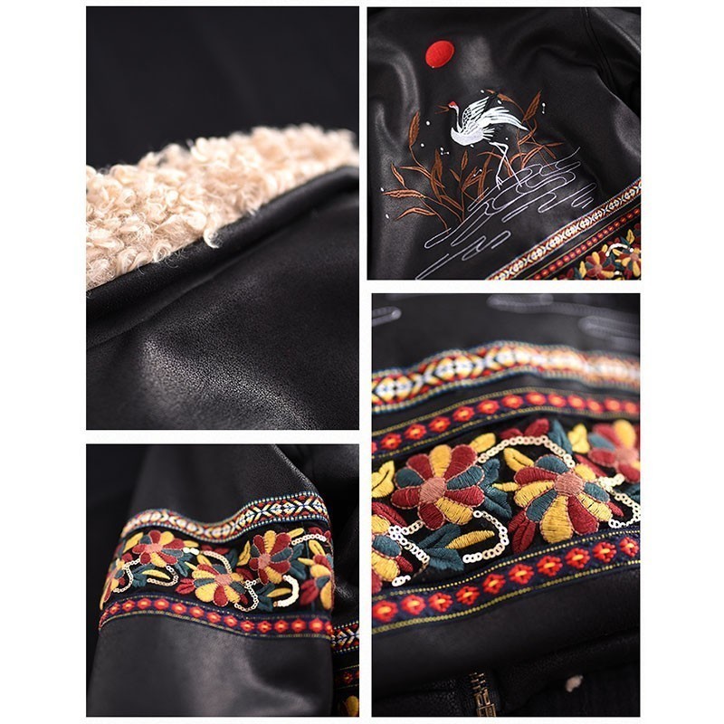 ZURICHOUSE Retro Winter Faux Leather Jacket Women Lambswool Embroidery Outwear Exotic PU Leather Plush Locomotive Jackets 201020