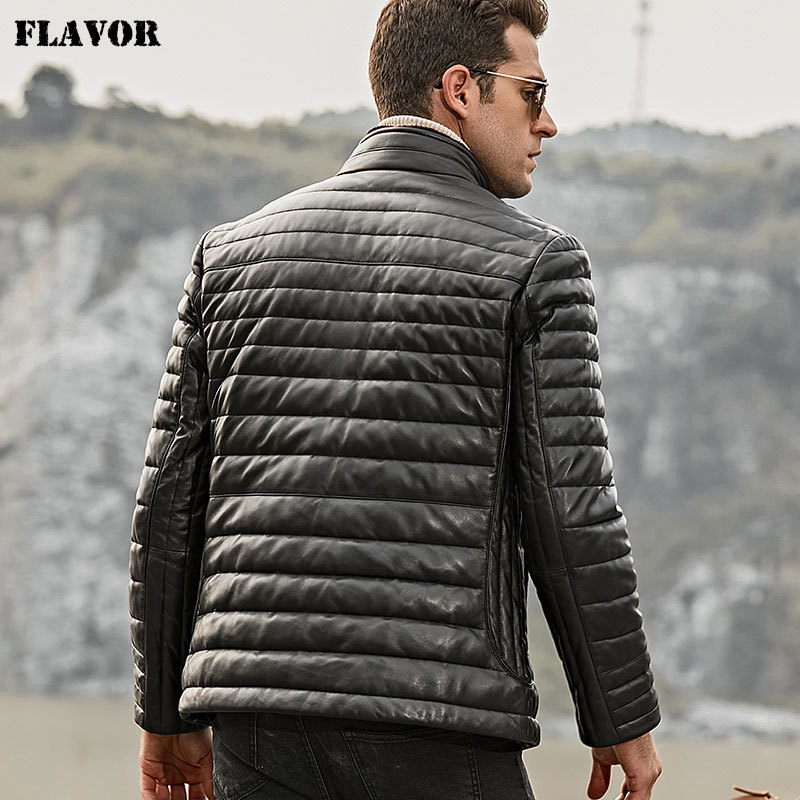 FLAVOR Men's Real Leather Down Jacket Men Genuine Lambskin Winter Warm Leather Coat with Removable Standing Sheep Fur Collar 201128