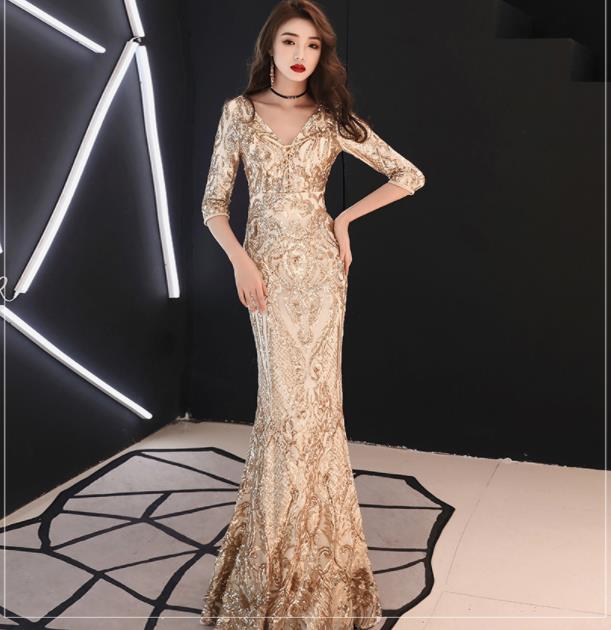 Emerald Green Mermaid Evening Dresses with Half Sleeve Sequins Applique Lace Real Image Prom Party Gown robe de soirée femme