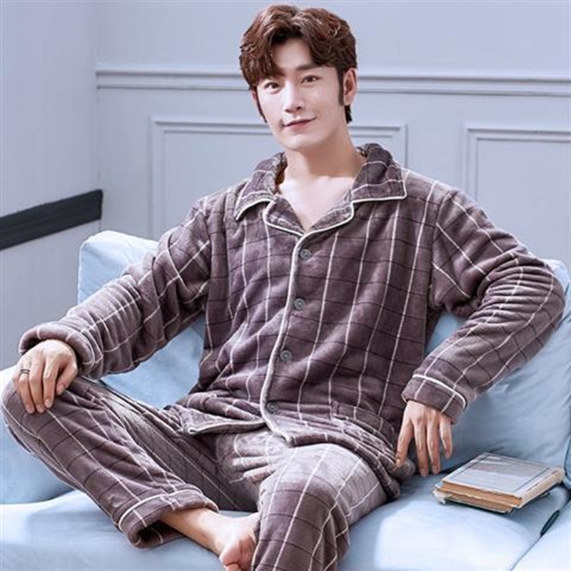 Man Casual Homewear Warm Sexy Stripe Solid Color Pajamas Winter New Fashion Thick Flannel Father Sleepwear 201109