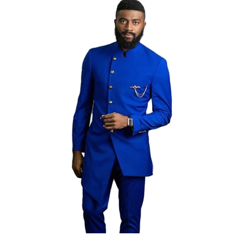 Arabic Dubai Royal Blue Men Suits Wedding Tuxedos Slim Fit with Mandarin Stand Collar Long Jacket Two Pieces Male Pants Suit Groom Formal Wear Prom Pa