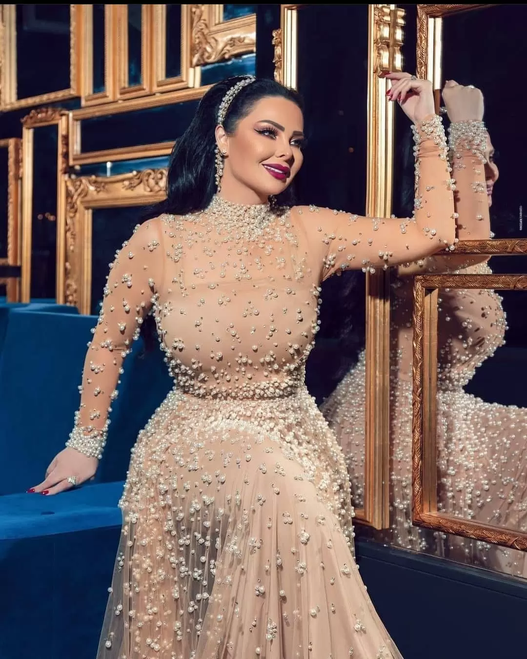 Dresses Pearls Prom Champagne Beaded Long Sleeves High Neck Tulle Ruched Pleats Custom Made Evening Party Gowns Plus Size Vestidos