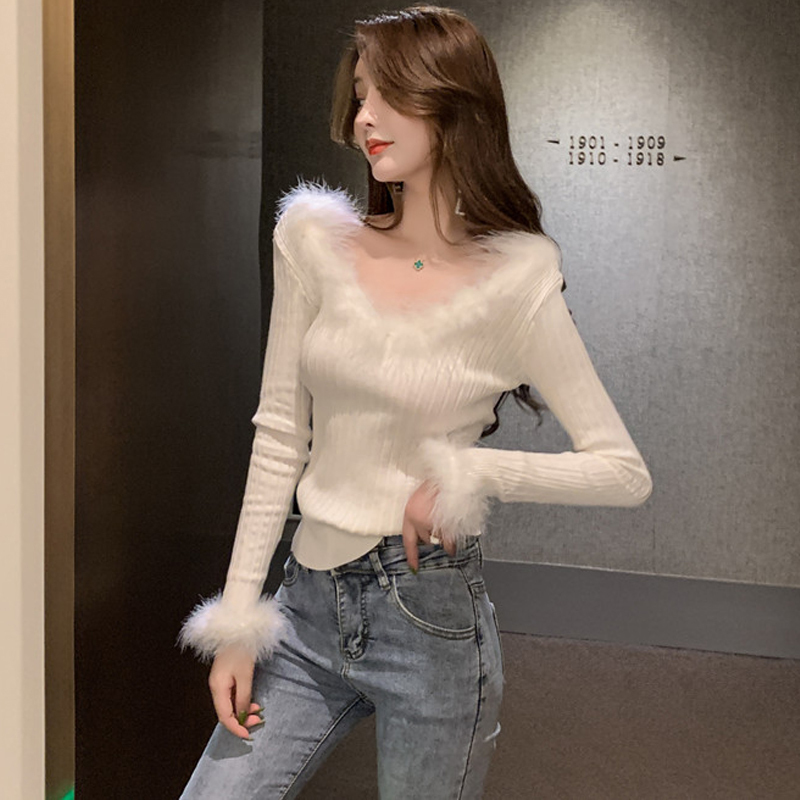 Women's Back Lace-up Sexy Sweater Plush Stitching Large V-neck Long-sleeved Knit Bottoming Sweater Top Ladies Club Tops ML259 201023