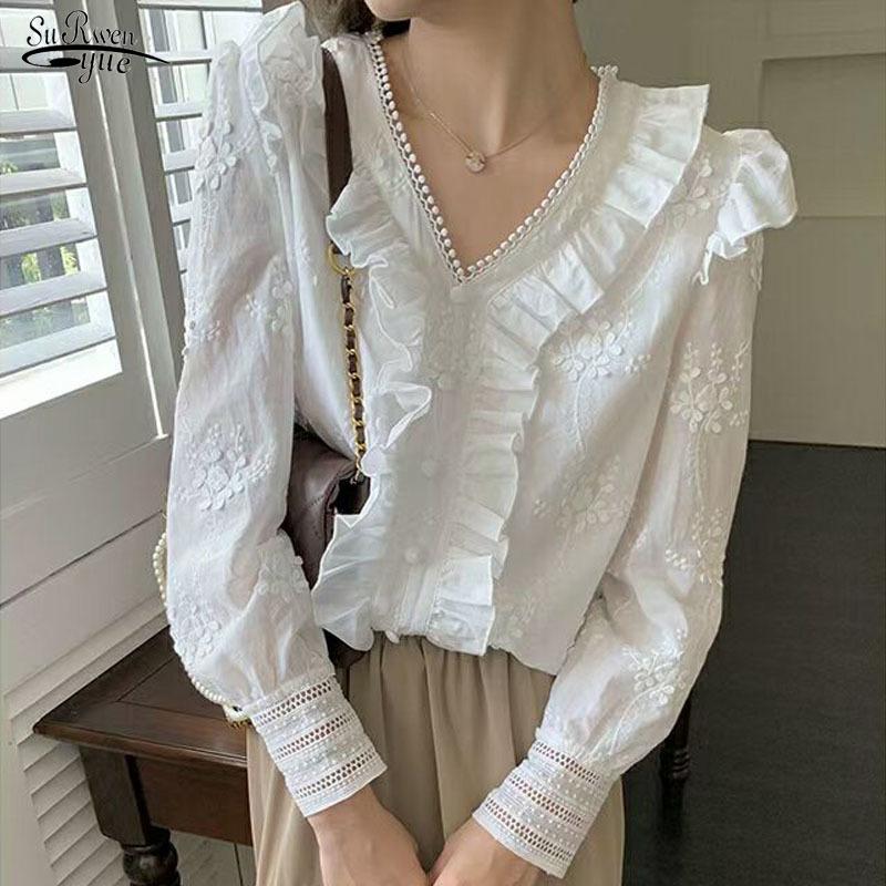 Women's Blouses & Shirts French Style V Neck Embroidered Ruffle Women Fashion Long Sleeve White Blouse Sweet Chic Lace Top Elegant 18393
Women's Blouses & Shirts French Style V Neck Embroidered Ruffle Women Fashion Long Sleeve White Blouse Sweet Chic Lace Top Elegant 18393