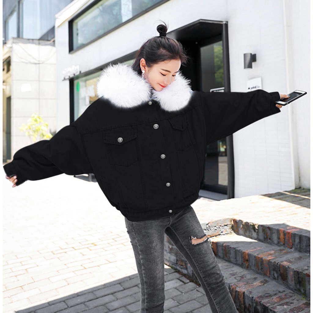 Women's Denim Jacket With Fur Winter Jeans Hooded Velvet Coat Female Faux Fur Collar 2019 Padded Warm Jackets Bomber Windbreake T200111