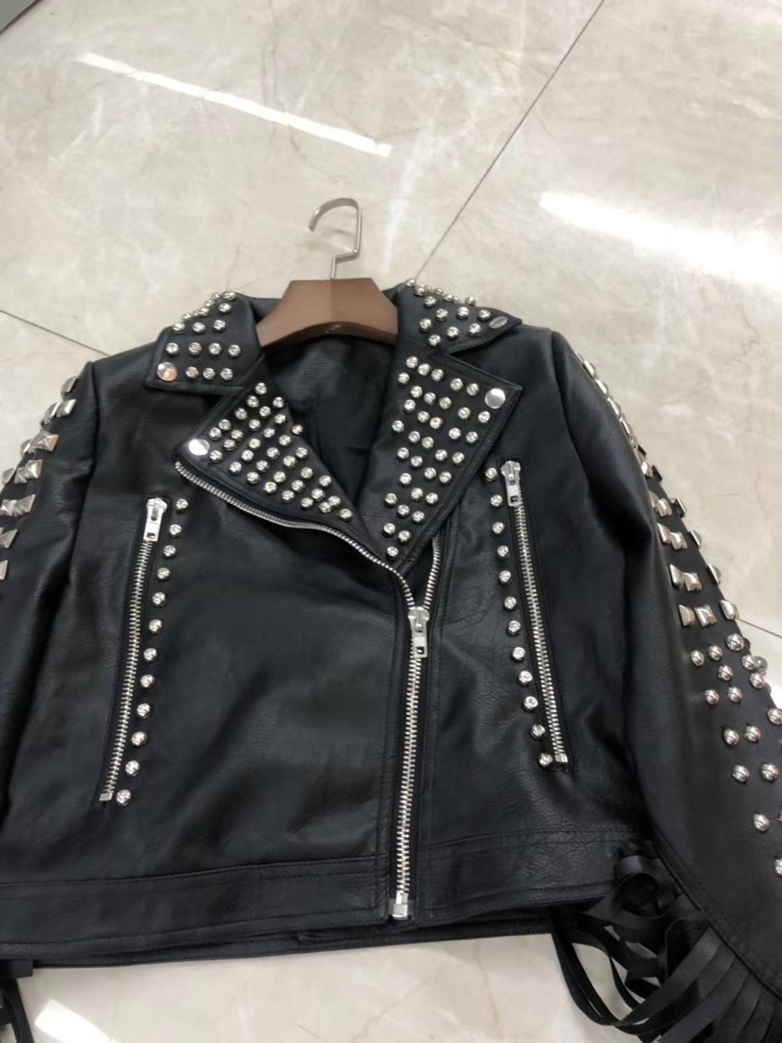 Rivet beading soft pu leather coats Women tassel stitching pu Leather Jacket Punk Rock Cropped Jackets faux leather coat F2190 201020