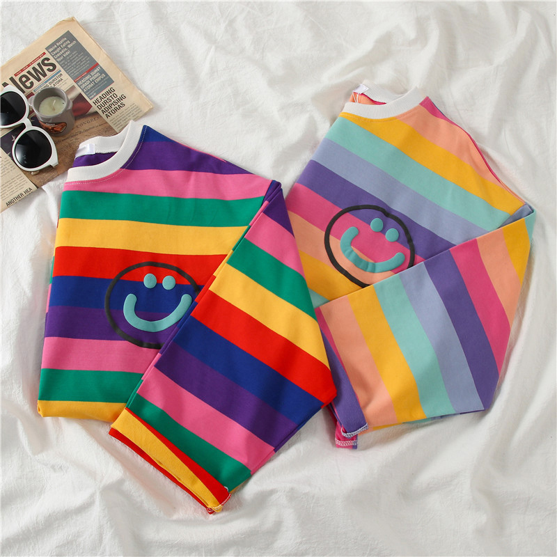 Long Sleeve O-Neck T-Shirt Women Rainbow Striped New T-Shirt Female Korean Loose Oversize Shirt Plus Size Top Fashion Casual Tee 201028