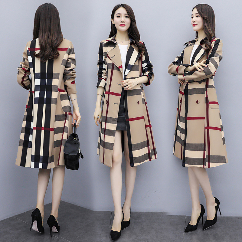 AECU Autumn Women Long Trench Coat Office Lady Simple Classic Plaid Coat with Pocket Chic Female Windbreaker Coat Outwear 201211